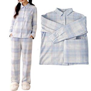H&M Blue/White M Plaid Flannel Pajama Set  
